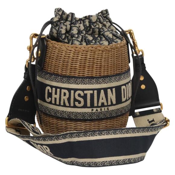 DIOR Oblique Wicker Shoulder Bag Rattan Navy Brown Gold - Picture 1 of 13